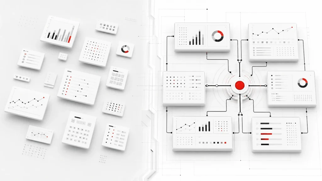 Comparativa visual entre actividad de marketing desconectada y sistema integrado de rentabilidad B2B.