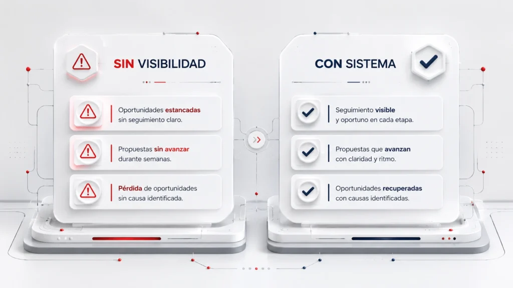 Comparativa visual entre falta de visibilidad y sistema comercial estructurado para detectar fugas comerciales en una empresa B2B.