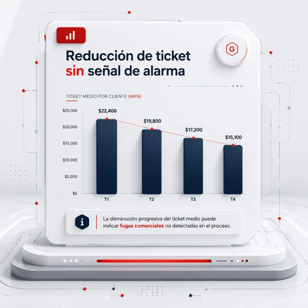 Gráfico de ticket medio por cliente en descenso como señal de fuga comercial B2B no detectada dentro del proceso de ventas.