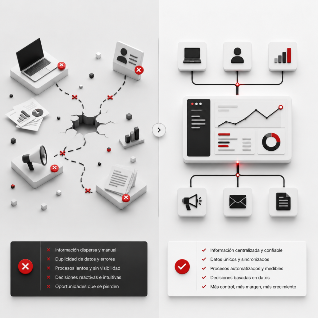 comparativa entre empresa con herramientas sueltas y empresa con sistema conectado